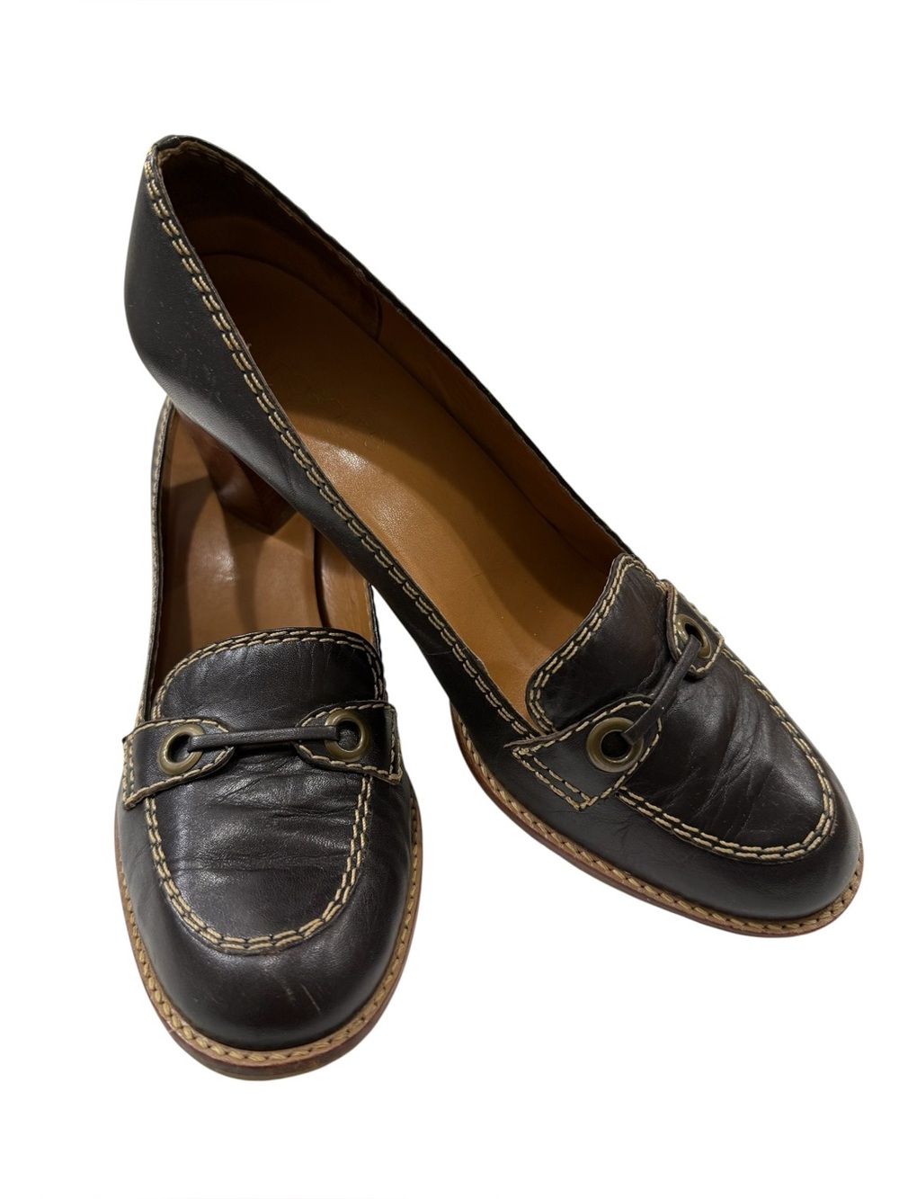 Aerosoles Dark Brown Loafer Pumps Block Heel Contrast Stitch Size 9.5
